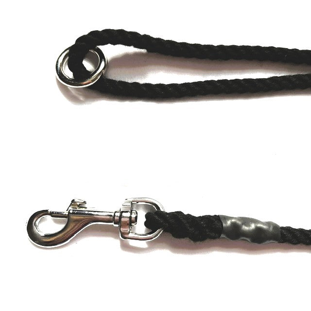Hand Made Rope Clip Lead With Ring - 6mm diameter, 1.2m length, Matt Black