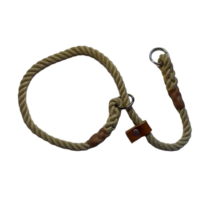 Hand Made Rope Slip Collar with Leather Stopper - 8mm diameter, 0.66m length, Natural