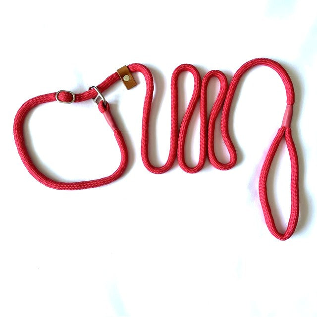 Braided  Double Stop Slip Lead with Leather Stop  -  8mm diameter, 2m length, Red