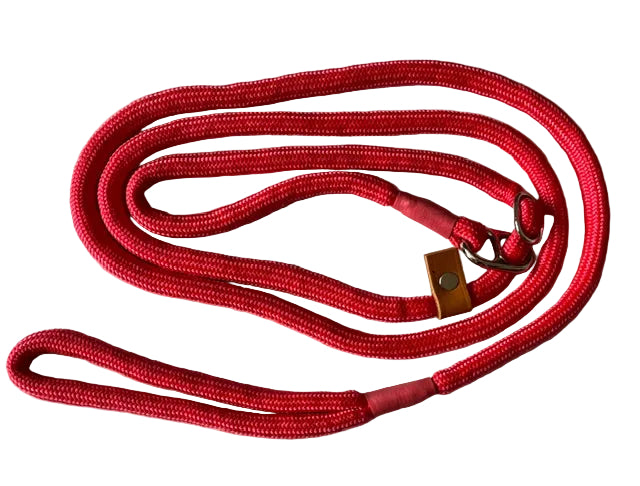 Braided  Double Stop Slip Lead with Leather Stop  -  8mm diameter, 2m length, Red